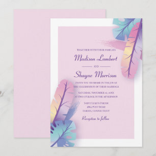 Invitation Mariage Bohème aux Plumes Aquarelle Violette