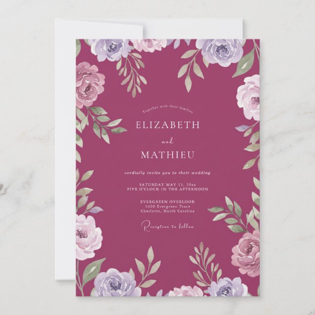 Invitation Mariage Bohème aux Ranunculus Peints de Framboise (Devant)