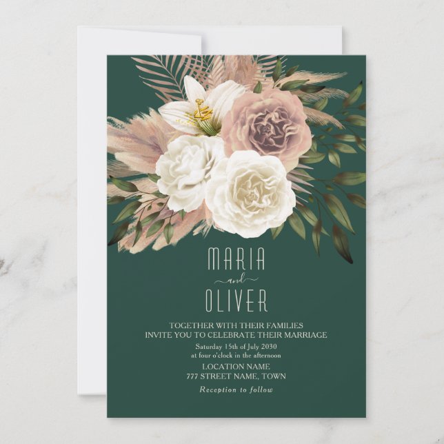 Invitation Mariage Bohème aux Tons de pêche et d'émeraude (Devant)