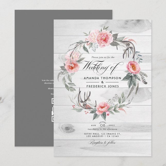 Invitation Mariage bohème avec code QR RSVP floral rose et gr (Devant / Derrière)