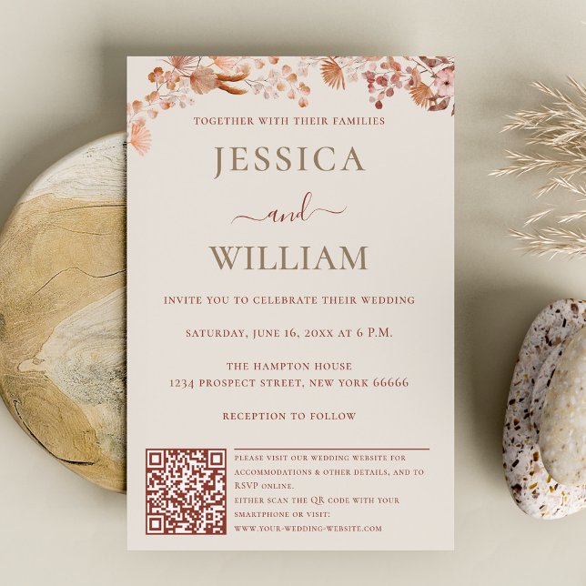 Invitation Mariage Bohème Avec Fleurs Boho Et Code QR (Créateur téléchargé)