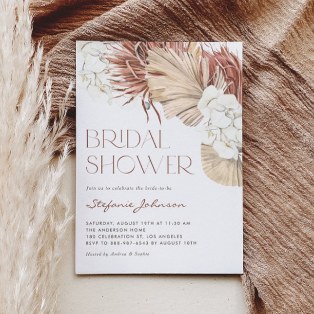 Invitation Mariage Bohème avec Orchidée Blanche et Palmier Sé (This boho bridal shower invitation features watercolor orchids, pampas grass, and dried palm leaves.)