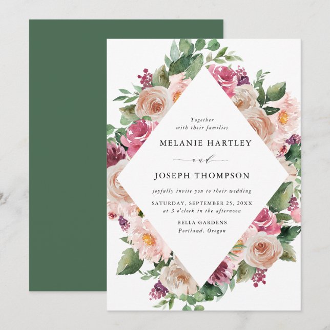Invitation Mariage Bohème avec Teint de Rose et Fleurs de Pri (Devant / Derrière)