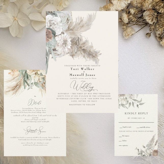 Invitation Mariage Bohème Beige Pampas Sans Parents (Créateur téléchargé)
