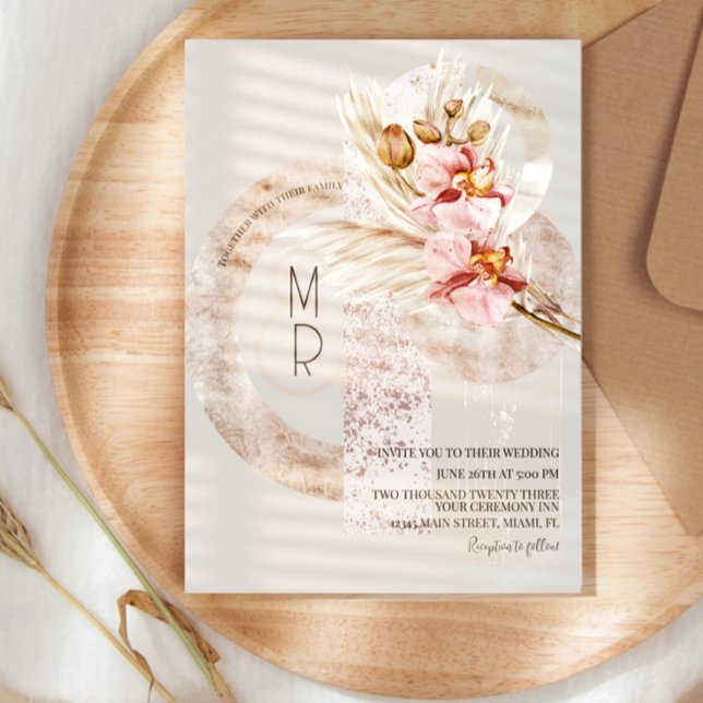 Invitation Mariage Bohème Beige Rose Monogramme Pampas  B (Créateur téléchargé)