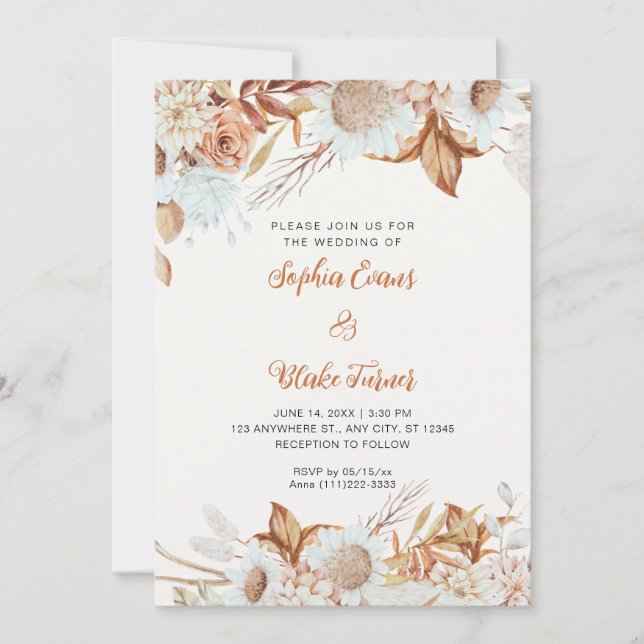 Invitation Mariage Bohème Blanc Cassé Fleurs Marron Rustique (Devant)