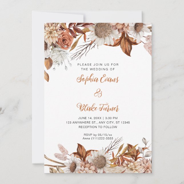 Invitation Mariage Bohème Blanc Fleurs Marron et Blanc Campag (Devant)