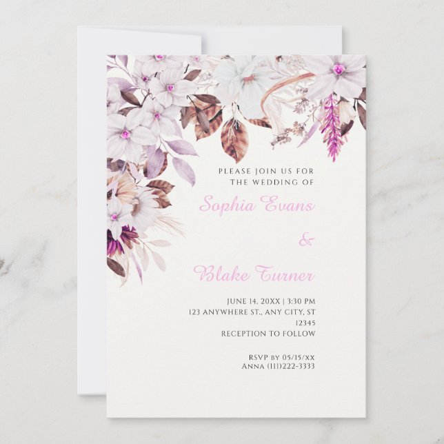 Invitation Mariage Bohème Blanc & Fleurs Roses Automne Blanc (Devant)
