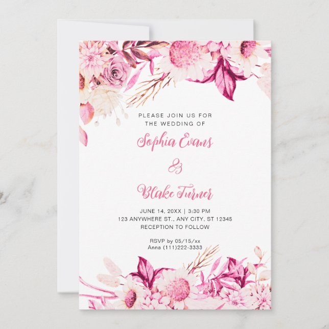 Invitation Mariage bohème blanc Fleurs roses et blanches (Devant)