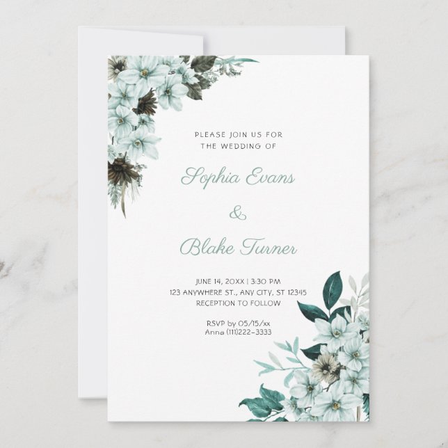 Invitation Mariage Bohème Blanc Fleurs Vertes Rustique (Devant)