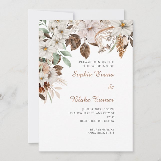 Invitation Mariage Bohème Blanc Floral Automne Blanc (Devant)