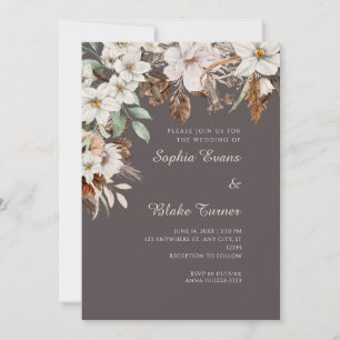 Invitation Mariage Bohème Blanc Floral Automne Gris Cendre