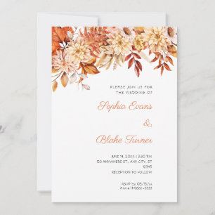 Invitation Mariage Bohème Blanc Floral Hiver Brun et Orange