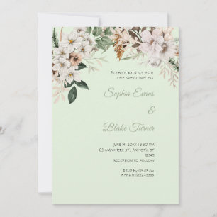 Invitation Mariage Bohème Blanc Floral Hiver Vert Clair