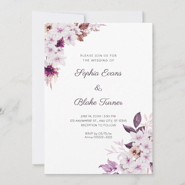 Invitation Mariage Bohème Blanc Rustique et Fleurs Roses (Devant)