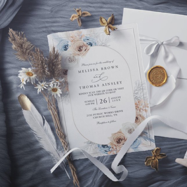 Invitation Mariage bohème bleu et beige avec code QR floral à (Créateur téléchargé)