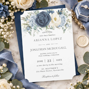 Invitation Mariage Bohème Bleu Poussiéreux, Nuit, Ivoire et F