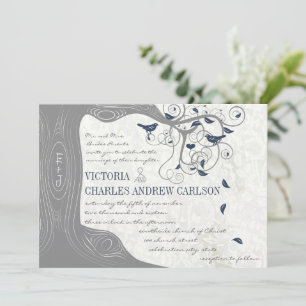 Invitation Mariage Bohème Bohémien Gris Navy Oiseaux d'Amour
