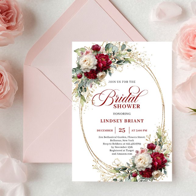 Invitation Mariage Bohème Bordeaux Blanc Floral Or (Boho Burgundy White Floral Gold Bridal Shower)