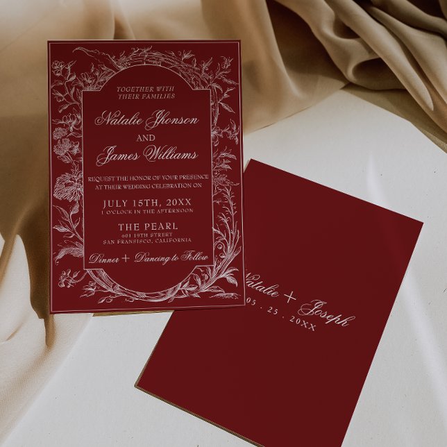Invitation Mariage Bohème Botanique Fleurs Rouge Profond Élég (Créateur téléchargé)