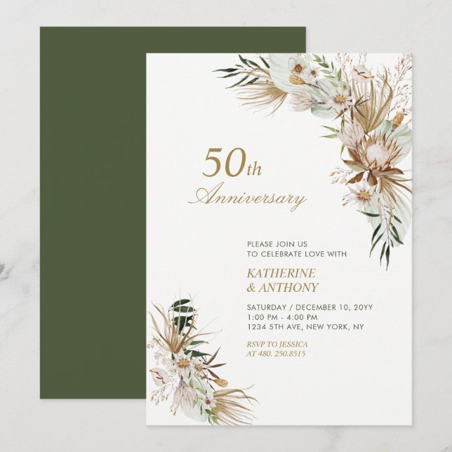 Invitation Mariage Bohème Botanique Vert et Or Anniversaire (Devant / Derrière)
