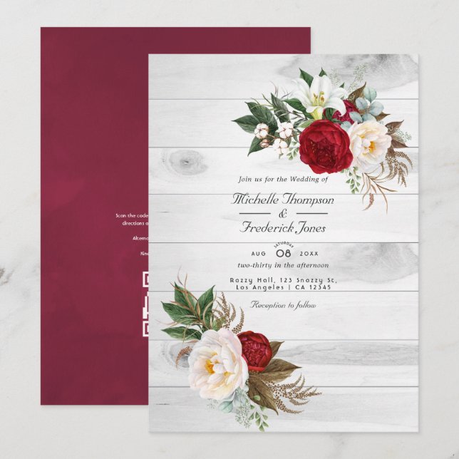 Invitation Mariage Bohème Bourgogne/Marsala avec QR Code de R (Devant / Derrière)