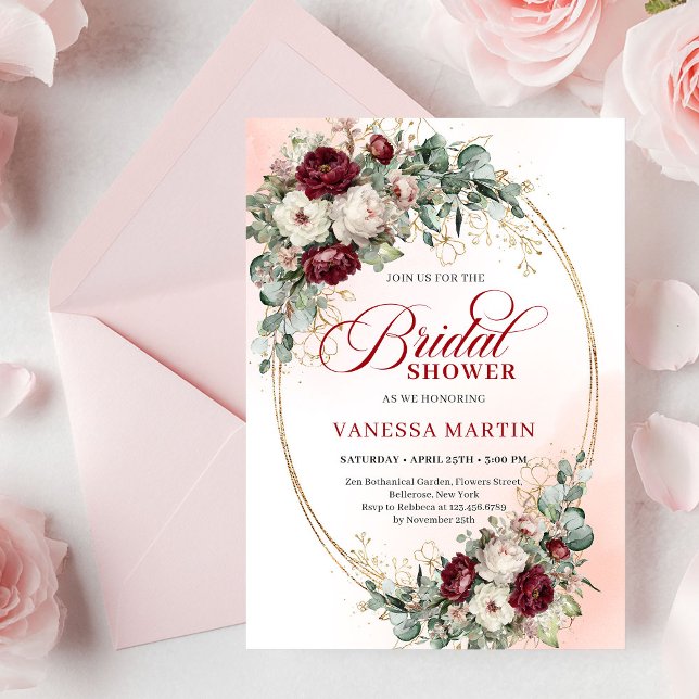 Invitation Mariage Bohème Bourguignon Fleurs & Or (Classic Burgundy Flowers & Gold Bridal Shower Invitation)