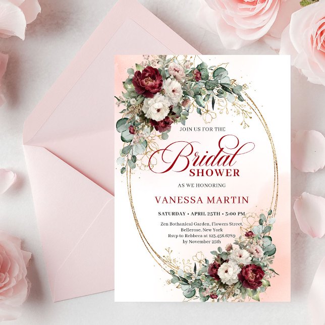 Invitation Mariage Bohème Bourguignon Or Vert Doré (Bohemian Burgundy Gold Greenery Bridal Shower Invite)