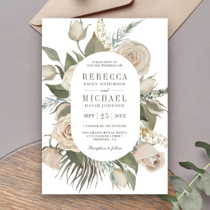 Invitation Mariage Bohème Champêtre Roses Ivoire Feuilles Ver