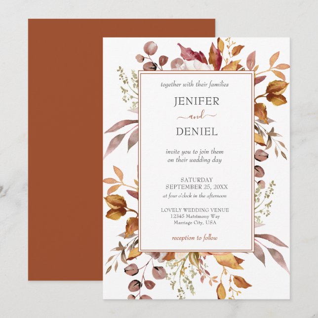 Invitation Mariage Bohème Champêtre Rustique aux Feuilles d'A (Devant / Derrière)