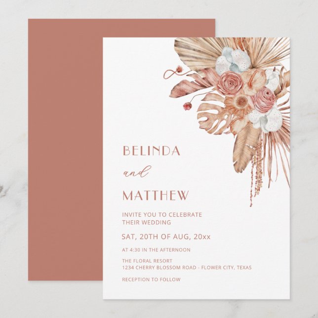 Invitation Mariage bohème chic avec fleurs aquarelles (Devant / Derrière)