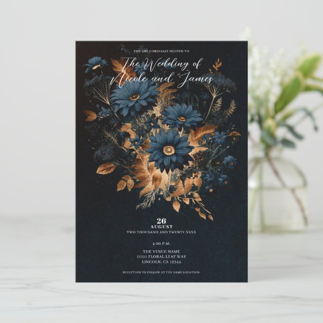 Invitation Mariage Bohème Chic Bleu Nuit et Or Rustique (Debout devant)