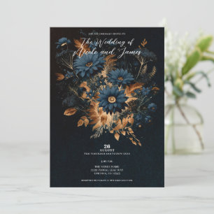Invitation Mariage Bohème Chic Bleu Nuit et Or Rustique