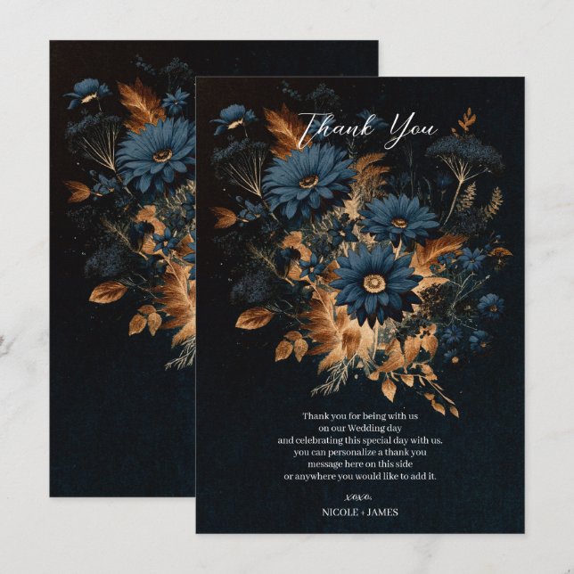 Invitation Mariage Bohème Chic Bleu Nuit et Or Rustique (Devant / Derrière)
