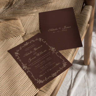 Invitation Mariage Bohème Chic Chocolat Brun Floral Ancien Ar
