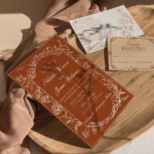 Invitation Mariage Bohème Chic Fleurs Orange Brûlé Terracotta