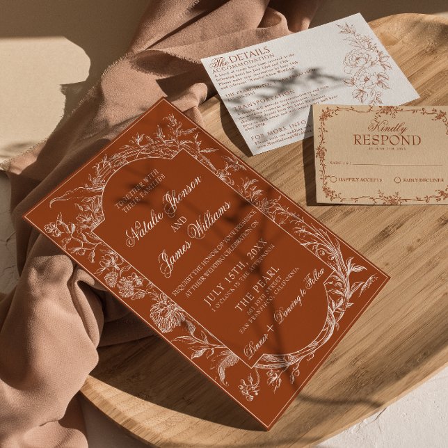 Invitation Mariage Bohème Chic Fleurs Orange Brûlé Terracotta (Créateur téléchargé)