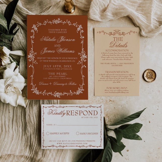 Invitation Mariage Bohème Chic Fleurs Orange Brûlé Terracotta (Créateur téléchargé)