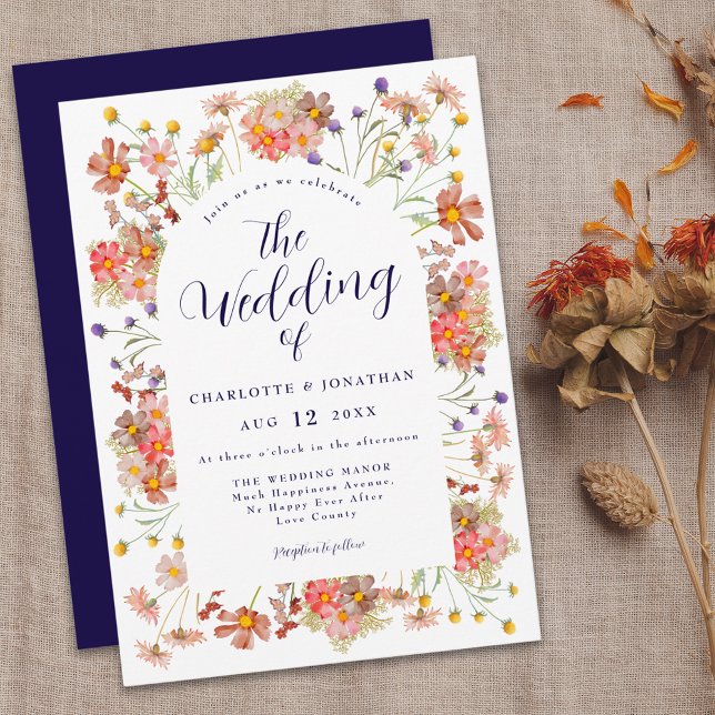Invitation Mariage Bohème Chic Floral d'Automne (Elegant boho rustic floral navy blue fall wedding invitation Watercolor wildflowers modern script )