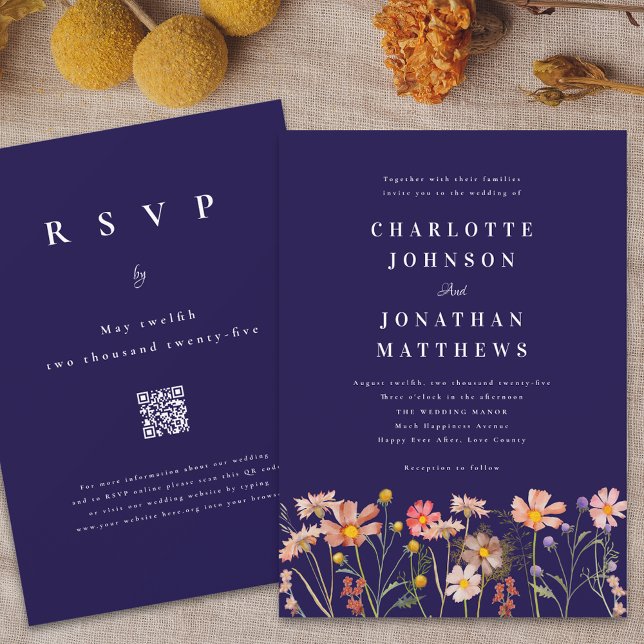Invitation Mariage Bohème Chic Floral d'Automne (Boho rustic floral navy blue fall wedding invitation Watercolor wild flowers elegant modern )