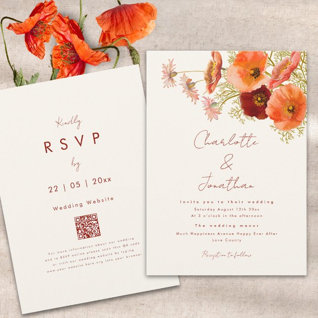 Invitation Mariage Bohème Chic Floral d'Automne (Boho floral fall wedding invitation with qr code orange peach and burnt orange script)