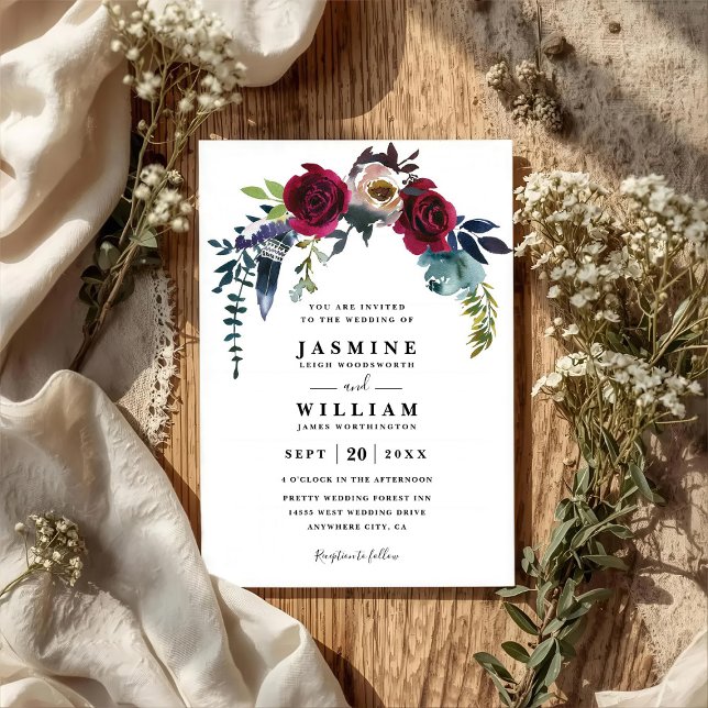 Invitation Mariage Bohème Chic Navy Burgundy Floral QR Code (Créateur téléchargé)