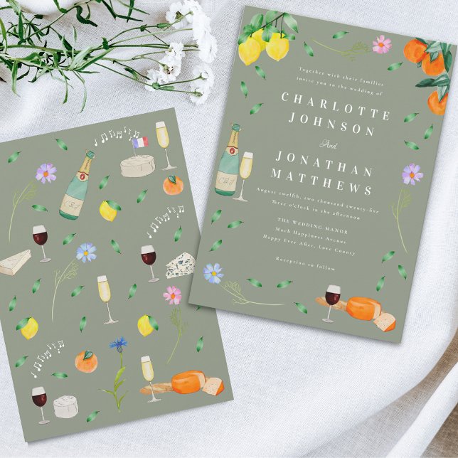 Invitation Mariage Bohème Citron & Vin Vert Sauge (Wildflower boho citrus floral wine and cheese sage green Wedding invitation )