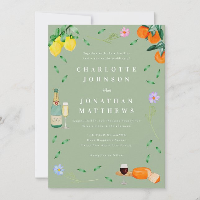 Invitation Mariage Bohème Citron & Vin Vert Sauge (Devant)