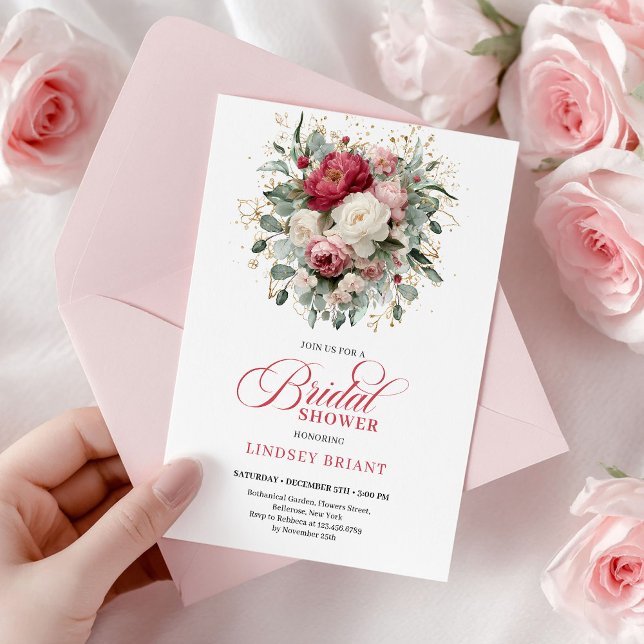 Invitation Mariage Bohème Classique Burgundy Blush Or (Sophisticated Bohemian Red White Floral Greenery)