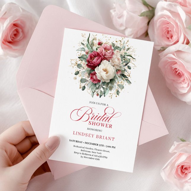 Invitation Mariage Bohème Classique Rouge Blanc Floral Or (Classic Boho Red White Floral Gold Bridal Shower)