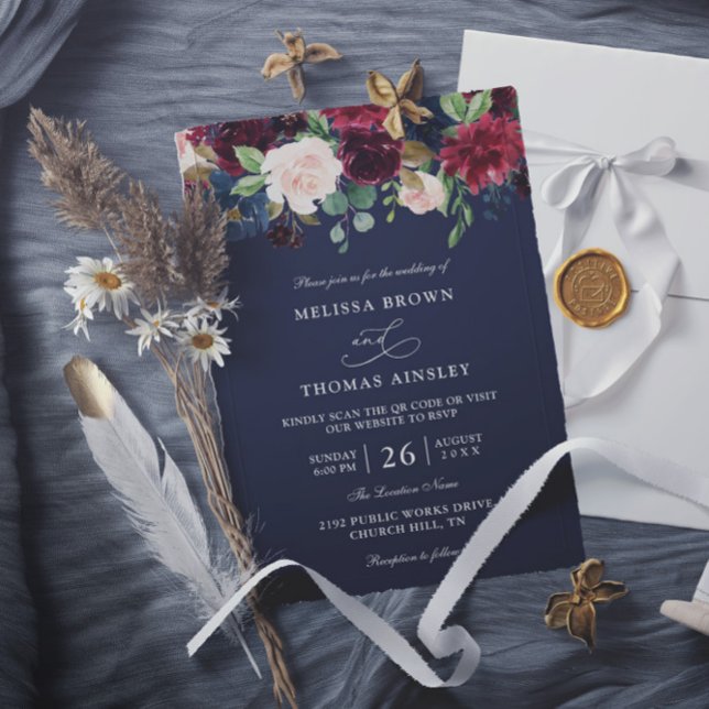 Invitation Mariage Bohème Code QR Budget Marine et Bourgogne (Créateur téléchargé)