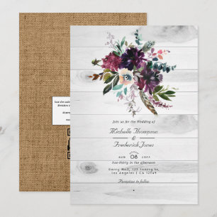 Invitation Mariage Bohème Code QR Floral Prune Violet Rustiqu