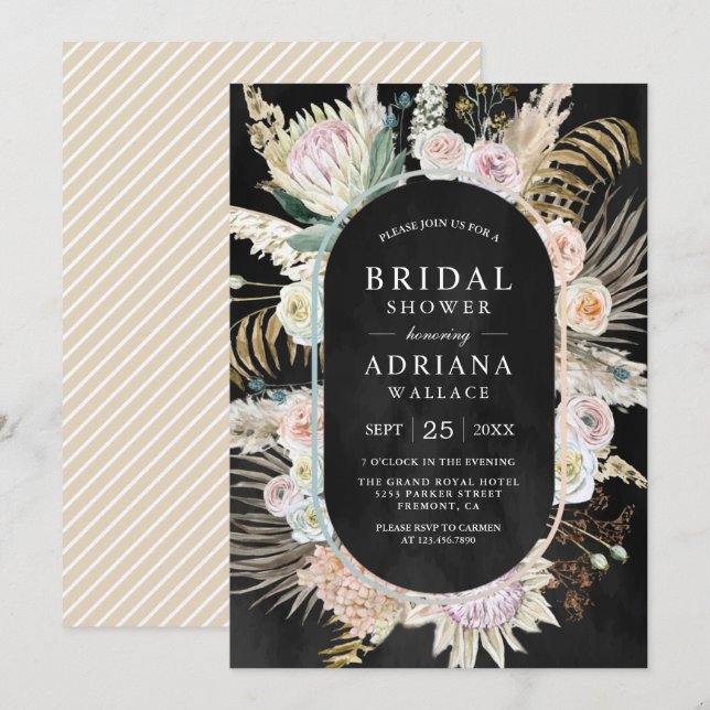 Invitation Mariage Bohème de Palmier Séché Fleurs de Pampas N (Devant / Derrière)