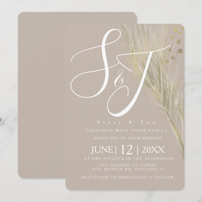 Invitation Mariage Bohème de Pampas à Feuille d'Or Fausse (Devant / Derrière)